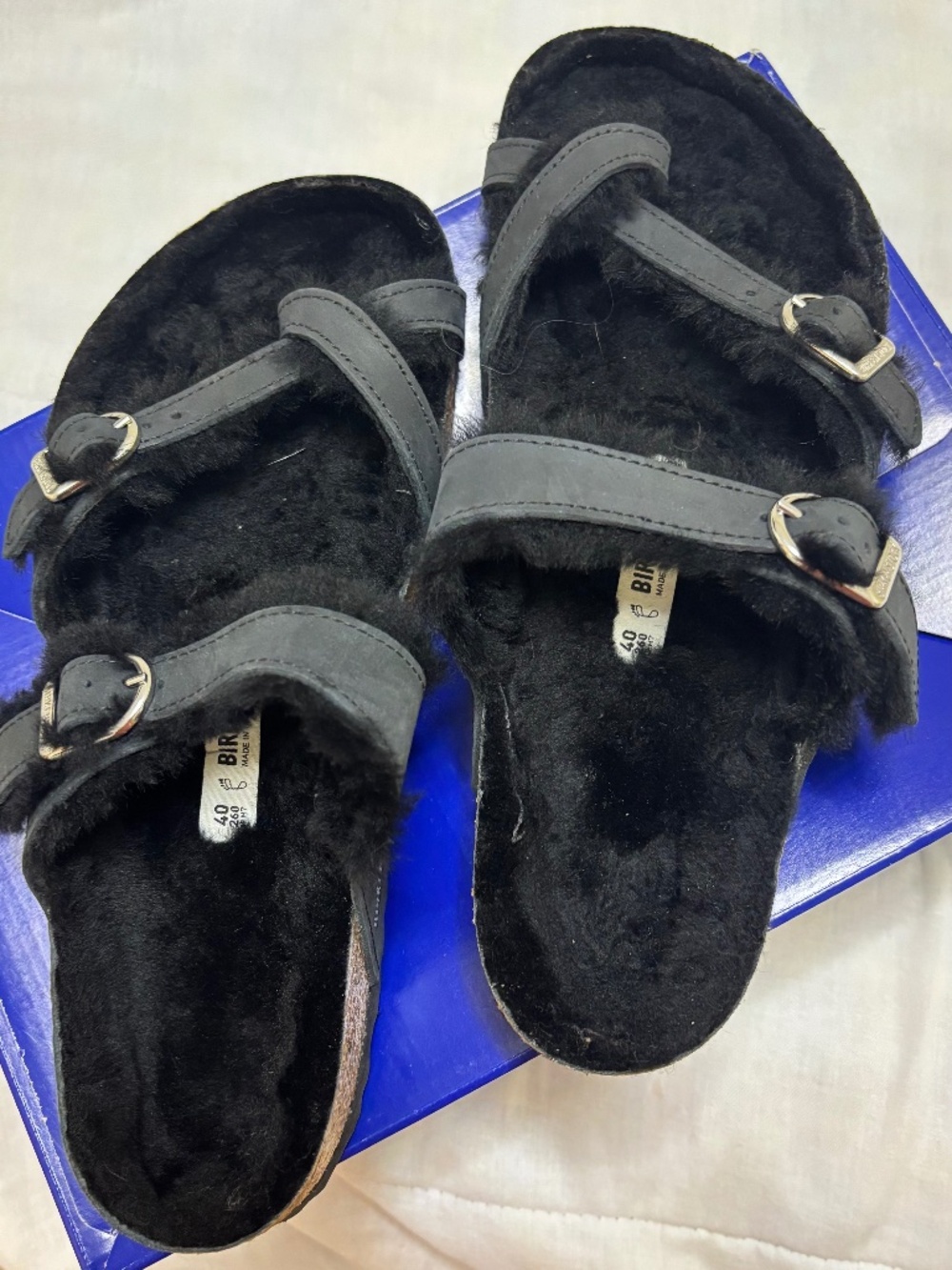 Birkenstock Black Faux Fur Arizona Two-Strap Slide Sandals